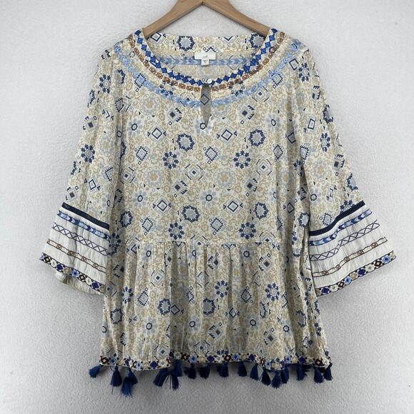J.JILL Blouse M Boho Tasseled Tunic Embroidered Keyhole Neck 3/4 Sleeve Beige - Picture 1 of 12